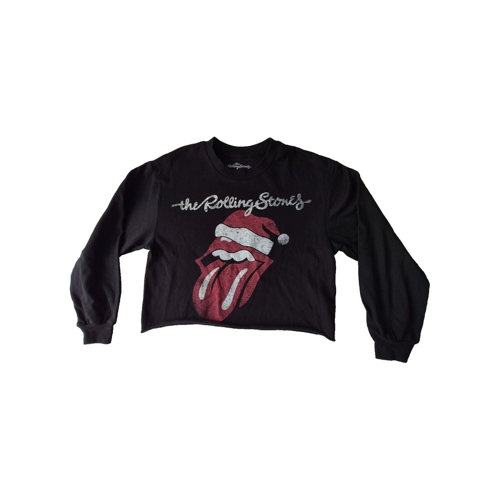 The Rolling Stones Christmas Tongue Crop Sweatshirt Womens Medium Black Raw Hem